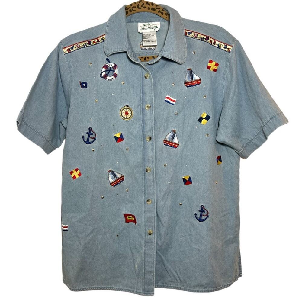 Quacker Factory Nautical Embellished Button Down … - image 1